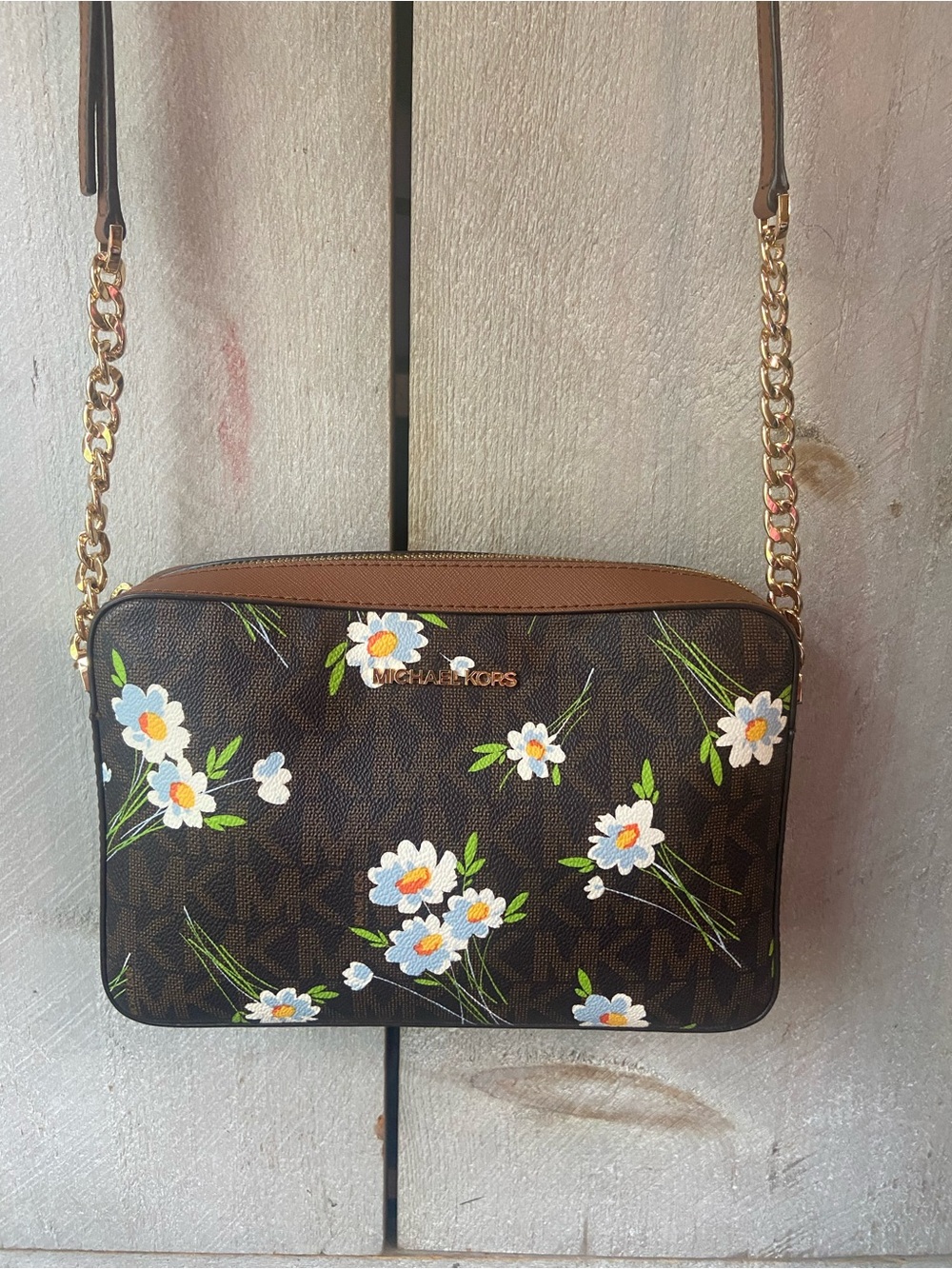 Michael Kors Brown Floral Daisy Crossbody with Gold Hardware